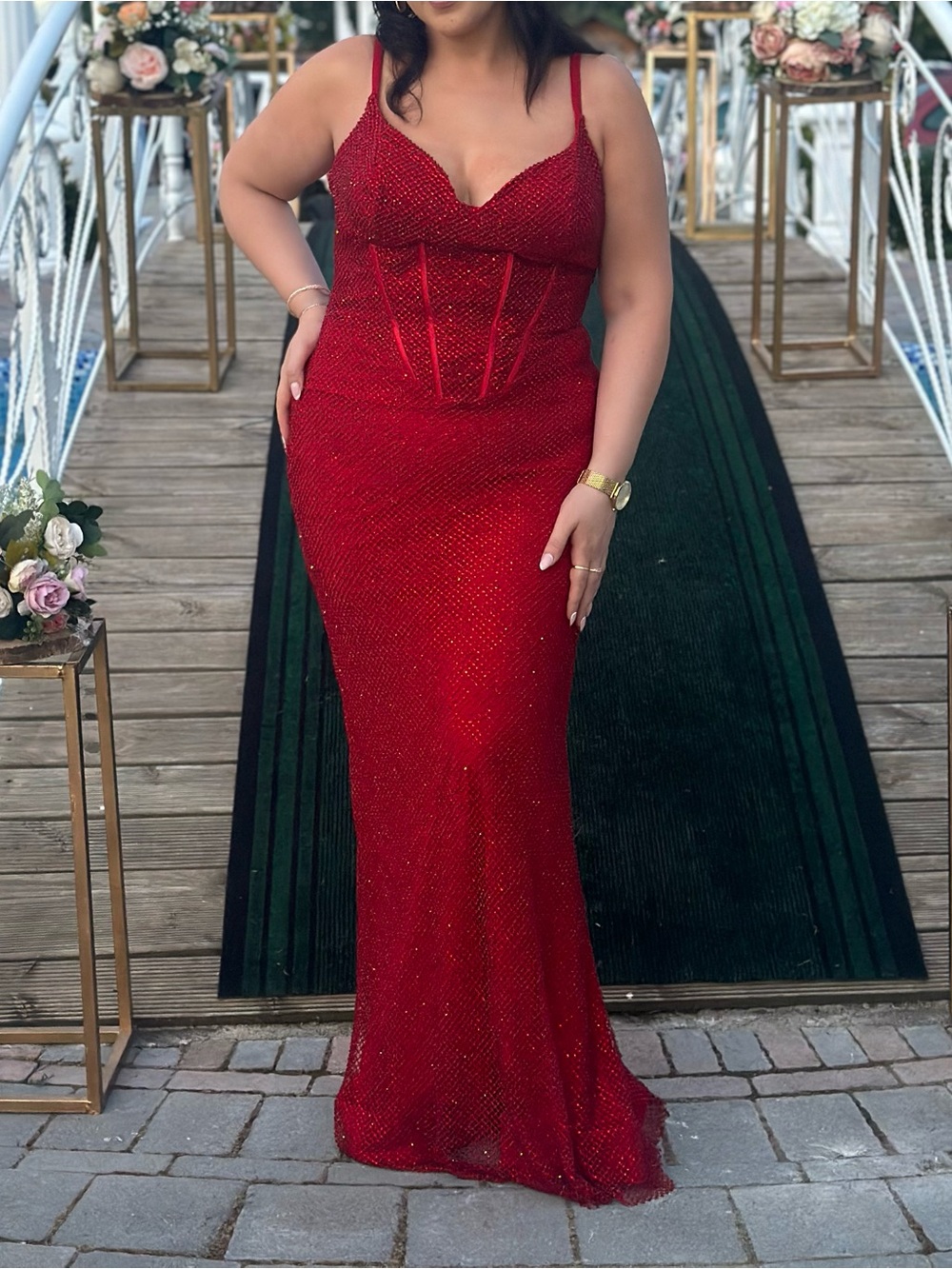 Portia and Scarlett Red Sequin Corseted Spaghetti Strap Gown